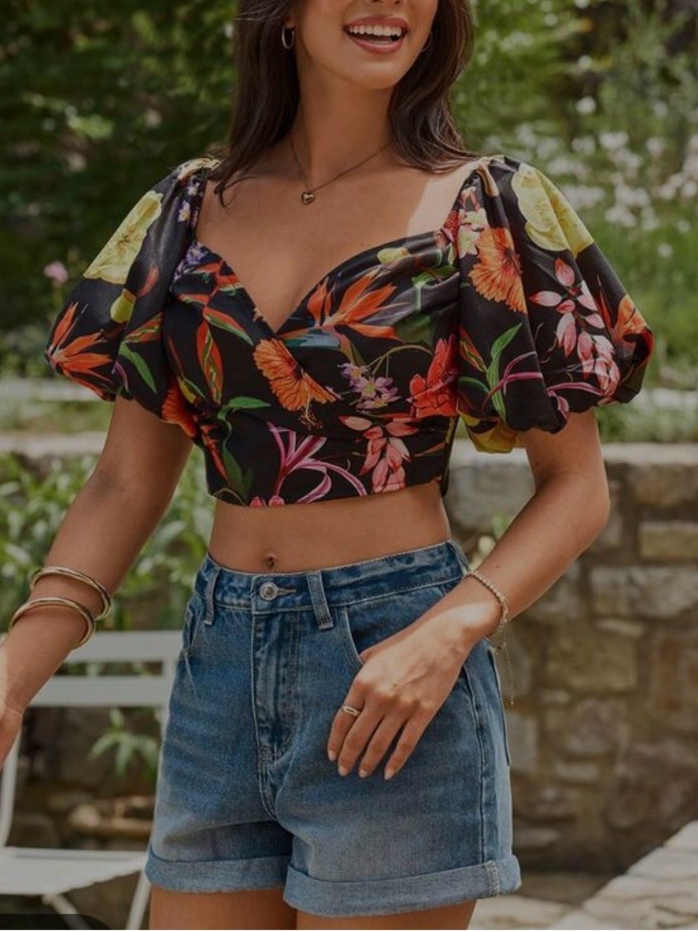 Black Floral Puff-Sleeve Crop Top